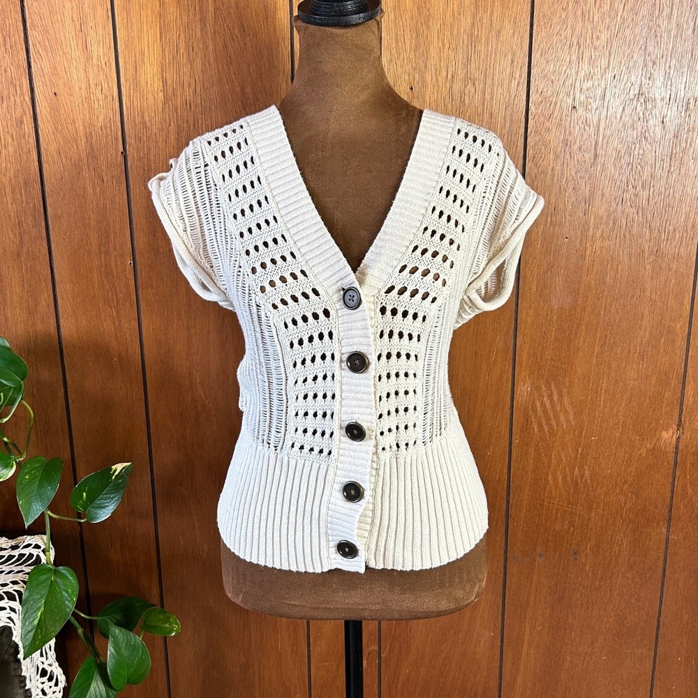 Vintage y2k Mudd Cream Cotton Open Knit Button Up Cardigan Short‎ Sleeve Boho